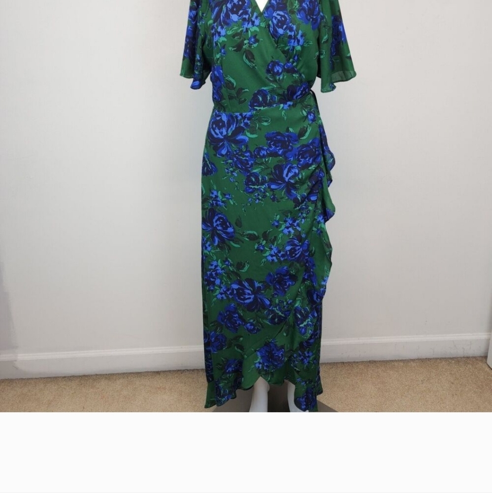 If By Sea Floral Wrap Maxi Dress Medium Green Ruffle Flutter Sleeve Cottagecore